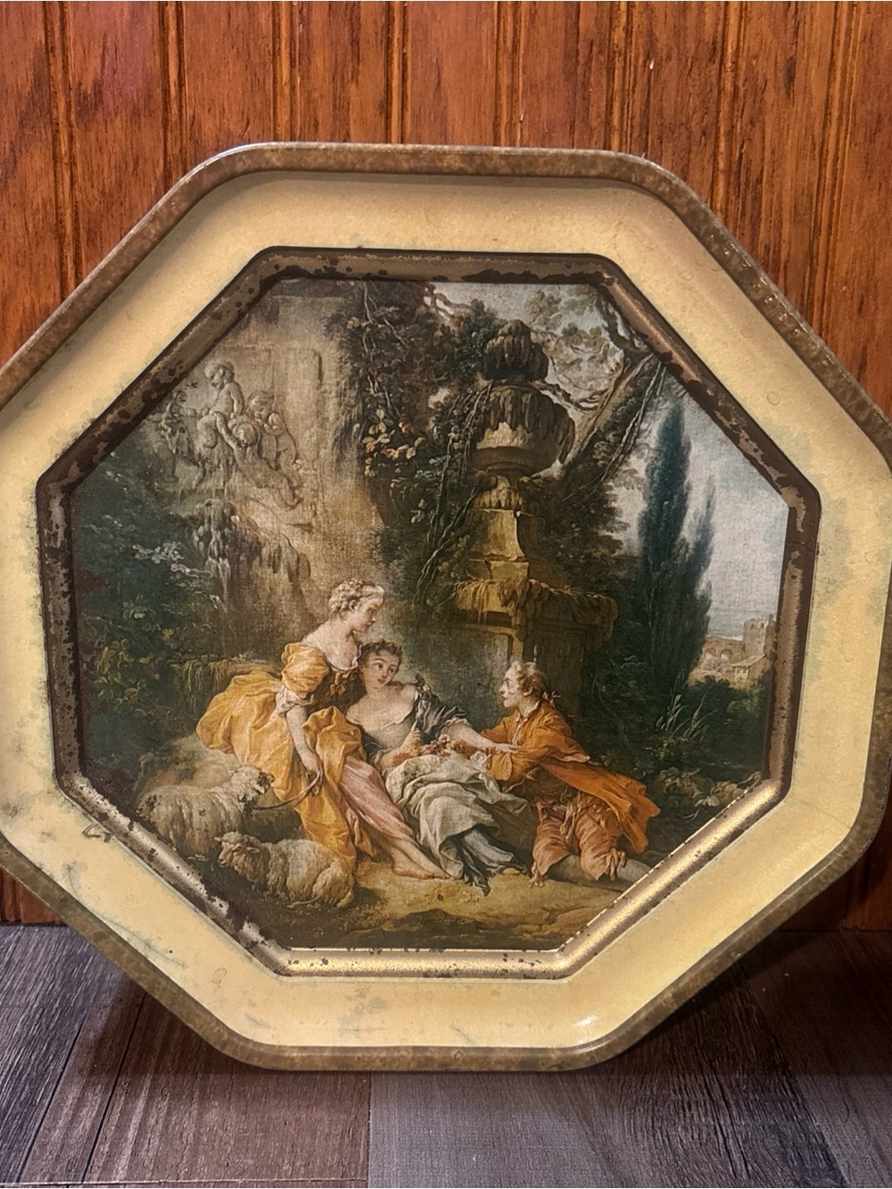 Vintage Decorative Octagonal Tin Tray with Pastoral Scene - Yellow & Cream